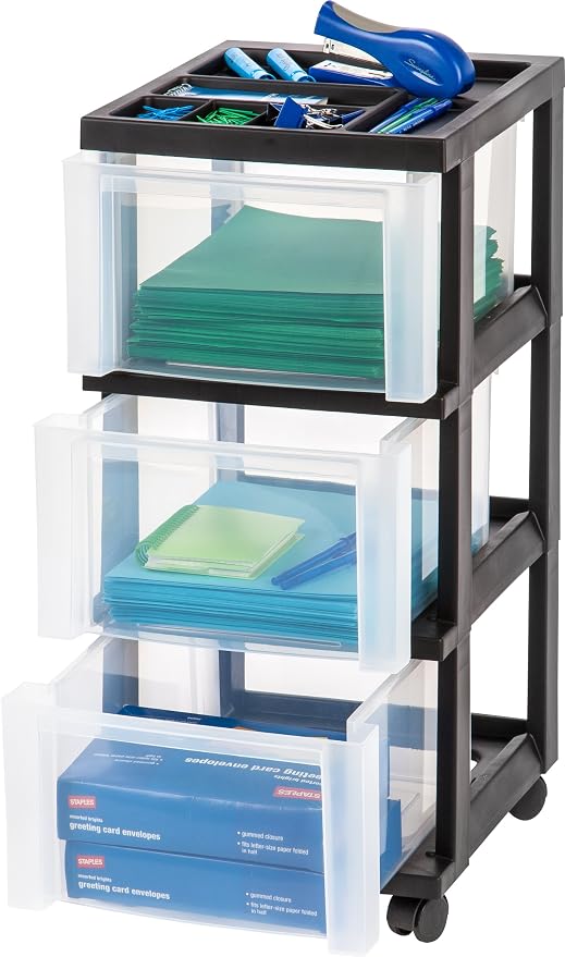 IRIS USA 3-Drawer Rolling Storage Cart, Black/Clear | Keep classroom supplies, teacher essentials, craft materials, and learning tools organized with easy-access drawers. - Image 9