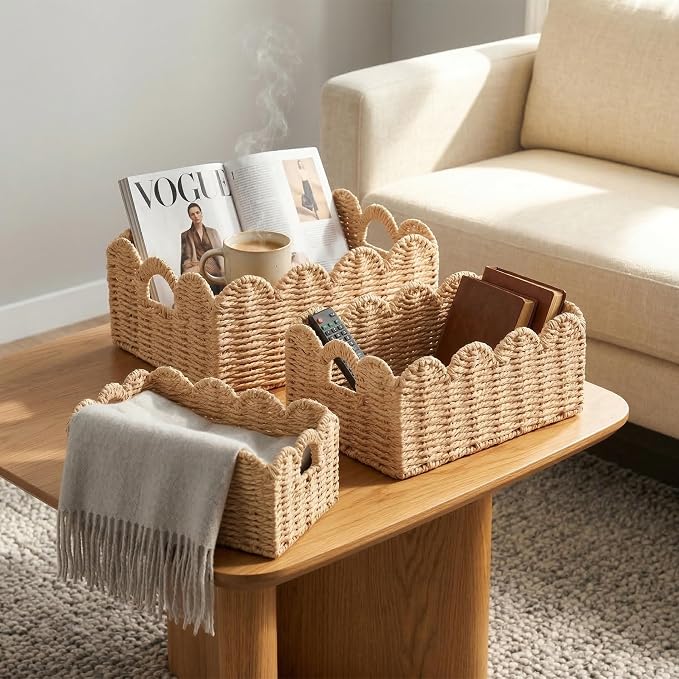 Scalloped Wicker Baskets Set of 3, Hand-Woven Storage with Handles | set of 3 beige scalloped baskets with handles. Hand-woven paper rope for shelves, bathroom or closet. Stackable, sturdy. - Image 6