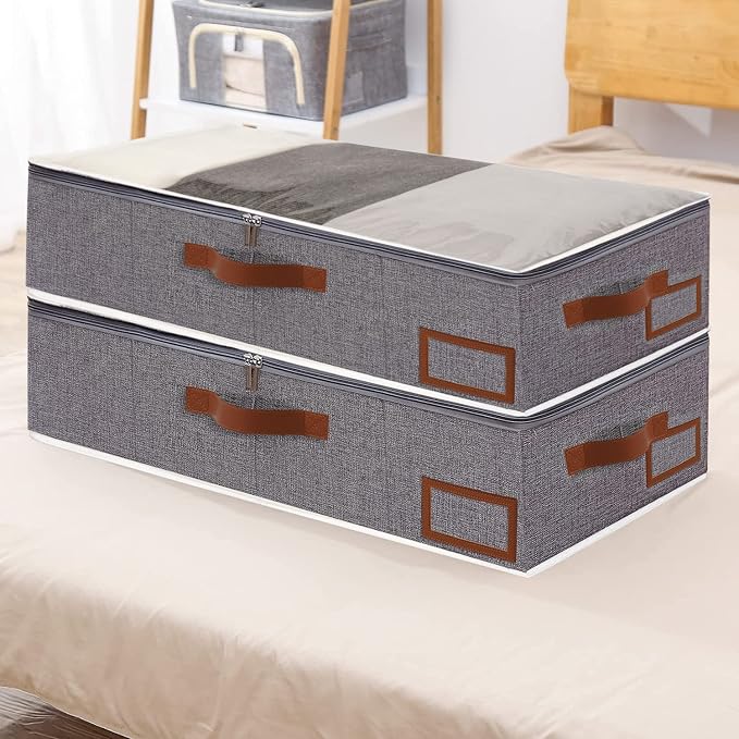 Yawinhe 27L Under Bed Storage,2 Pack Collapsible Container Bags,Grey | Blanket Storage Bags with Clear Window and Lids with 4 Leather Handles;Closet Organizers with Sorting Card Slot for Bedding - Image 6