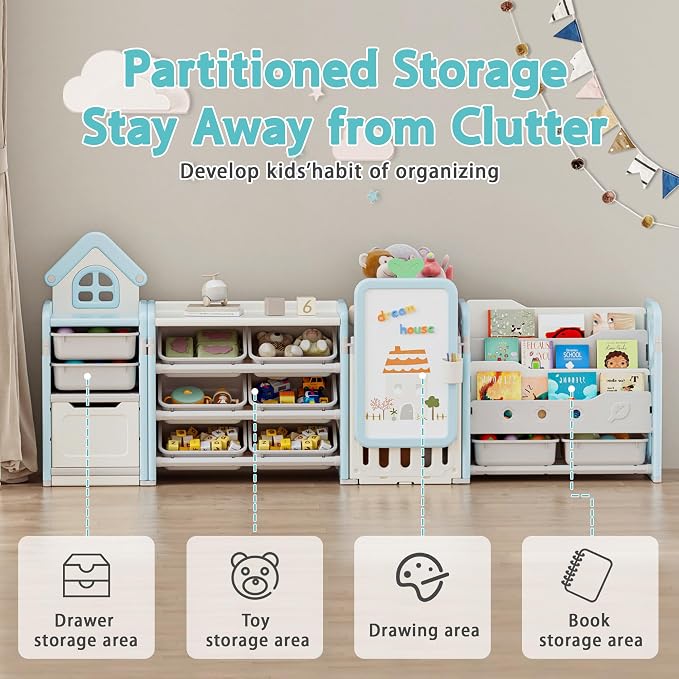 Kids Toy Storage Organizer with 10 Removable Bins, Foldable Toy Organizers and Storage with 3-Tier Bookshelf for Kids Toy Storage Organizer with Drawing Board, Extra 3 Brushes (4 In 1 Light Blue) - Image 5