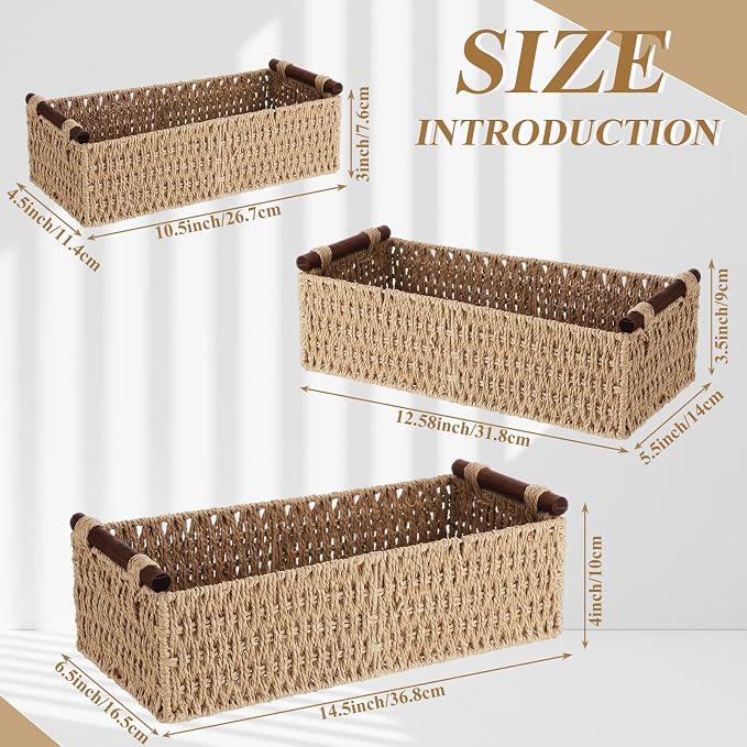 Boao 3 Pcs Boho Storage Wicker Baskets Handmade Woven Decorative Paper Rope Baskets for Organizing with Handle Countertop Toilet Paper Storage Container for Toilet Tank Top(Camel,Rectangle) - Image 2