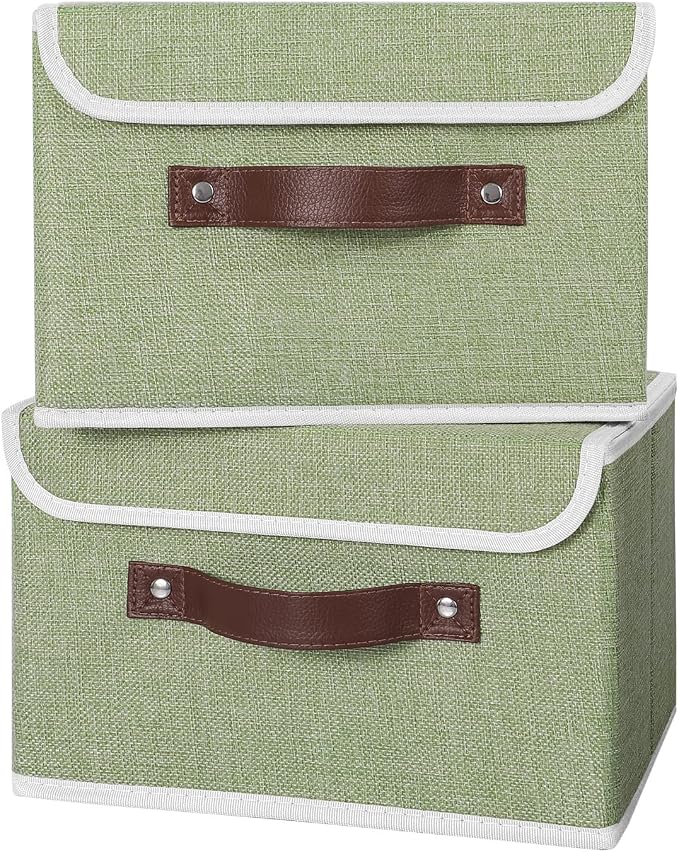 ANMINY Fabric Storage Box Bins with Lids, Green, 10"x8"x7", 4 Pack | Keepsake Memory Storage, Cotton Linen, PP Board Reinforced, Washable, PU Handles, Foldable & Stackable, Decorative, Small - Image 5