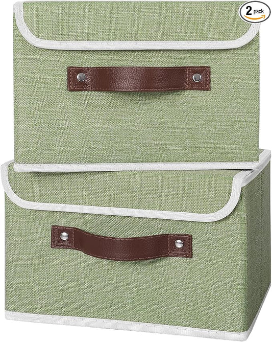 ANMINY Fabric Storage Box Bins with Lids, Green, 10"x8"x7", 2 Pack | Keepsake Memory Storage, Cotton Linen, PP Board Reinforced, Washable, PU Handles, Foldable & Stackable, Decorative, Small by ANMINY