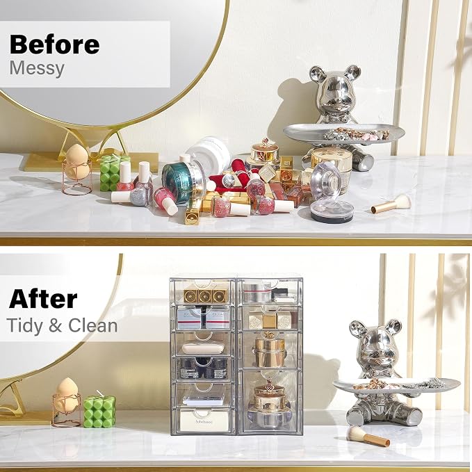 Prsildan Hair Accessories Organizer Acrylic Drawer with 10 Drawers | Clear, Craft Art Supply Storage, For Office Desk Bathroom Vanity Countertop, Set of 2 - Image 4