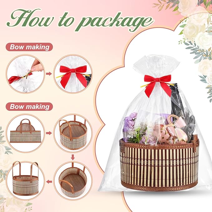 Weysat 1 Set Baskets for Gifts Empty Bulk, Large Woven Bamboo Gift Basket Kit with Handles, Bow, Wrap Bag to Fill for Raffle Thanksgiving Day Wedding Birthdays Party Wrapping (Brown) - Image 3