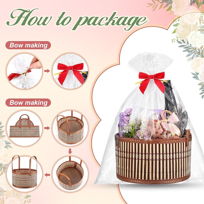 Weysat 6 Set Baskets for Gifts Empty Bulk, Large Woven Bamboo Gift Basket Kit with Handles, Bow, Wrap Bag to Fill for Raffle Thanksgiving Day Wedding Birthdays Party Wrapping (Brown) - Image 3