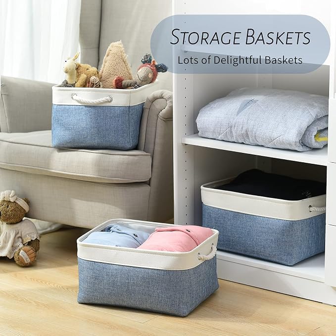 TcaFmac Storage Bins for Organization - Large 3 Pack Canvas Storage Basket for Shelves with Handles, Collapsible Baskets for Organizing for Closet Dog Laundry (White & Blue16x12x8 inch) - Image 3