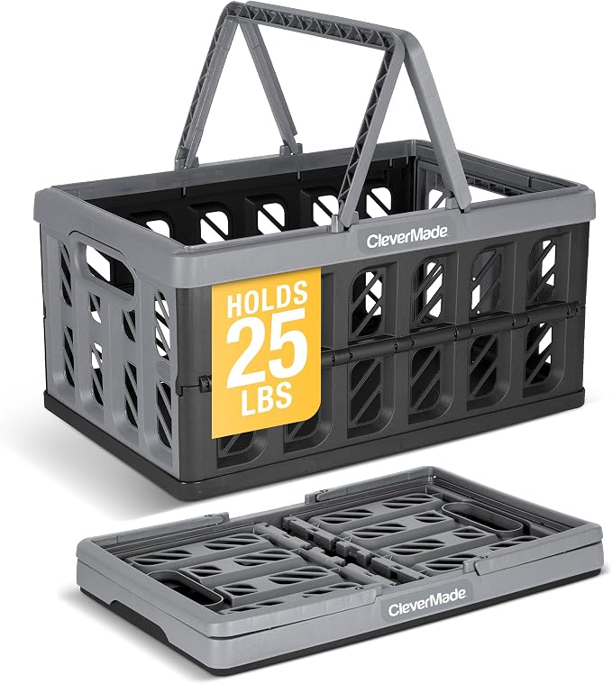 CleverMade Collapsible Shopping Basket, 24L Storage Crate, 1 Pack, Stone | Keep Groceries Upright in the Car | Rigid Walls Carry 25 lb Each, Stack Securely, and Fold to 2.25 Inches for Storage by CleverMade