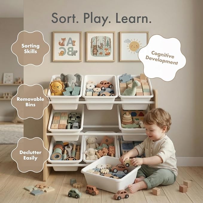 Humble Crew Kids Toy Organizer with 9 Bins, 3 Tier Storage for Playroom | Sturdy wood and steel toddler shelf, removable BPA-free containers, wall anchor anti-tip safety kit for bedroom or classroom - Image 6