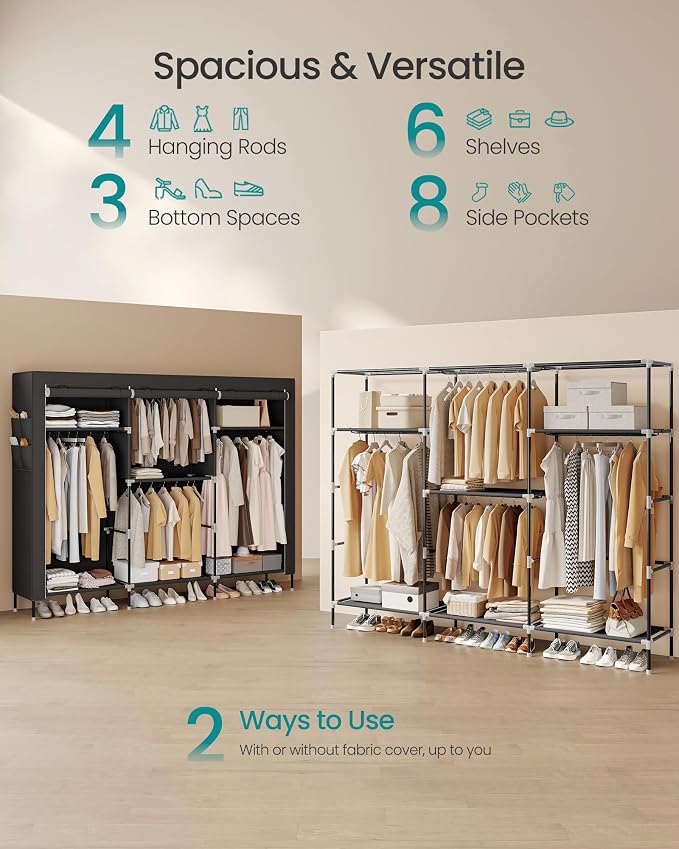 SONGMICS Portable Closet, Fabric Wardrobe, Clothes Rack with Shelves, Pockets, Large Capacity, 4 Hanging Rods, 74.4 x 17.7 x 70.9 Inches, Black URYG011BZ02 - Image 3