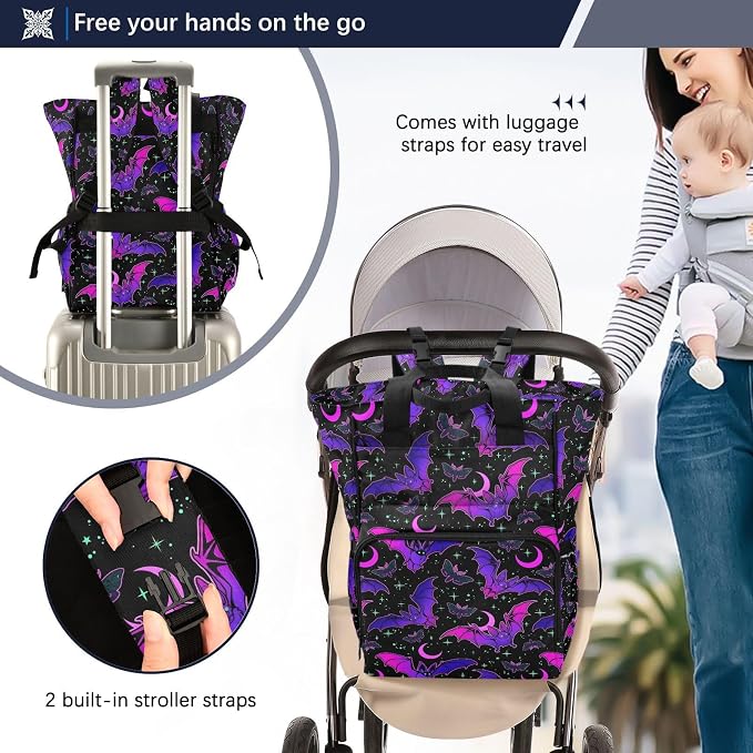 MNSRUU Diaper Bag Purple Bat Gothic Diaper Bag Backpack Multifunction Travel Diaper Bag Tote Large Capacity Diaper Changing Backpacks for Moms Dads - Image 4
