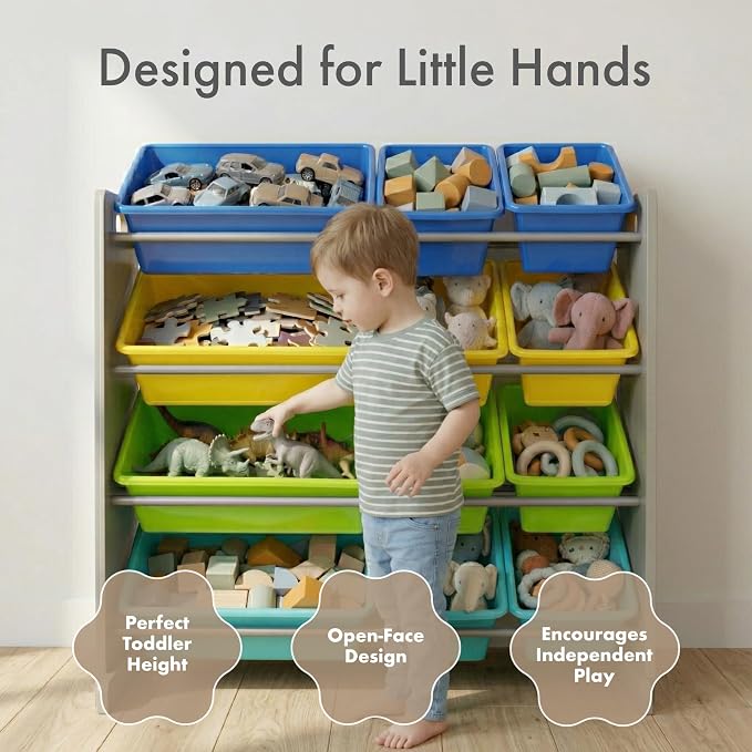 Humble Crew Kids Toy Organizer with 12 Bins, 4 Tier Storage for Playroom | Sturdy wood and steel toddler shelf, removable BPA-free containers, wall anchor anti-tip safety kit for bedroom or classroom - Image 2