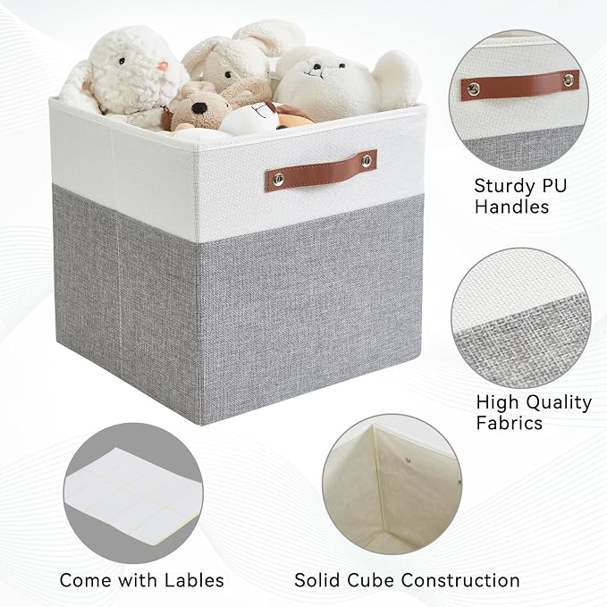 Collapsible Fabric Storage Cube Bins with 2 Reinforced PU Handles, Foldable Storage Organizer Baskets for Closet, Shelves, Living Room | 11"x11"x11", 4 Pack, Gray & White - Image 4
