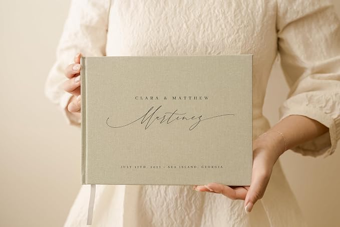Personalized Linen Guest Book (Design 7) - 9 x 7.5 Hardcover Custom Wedding Guestbook Bride Groom First and Last Name, Reception Ceremony Engagement Party Keepsake Signing Book w/ 120 Blank Pages - Image 6