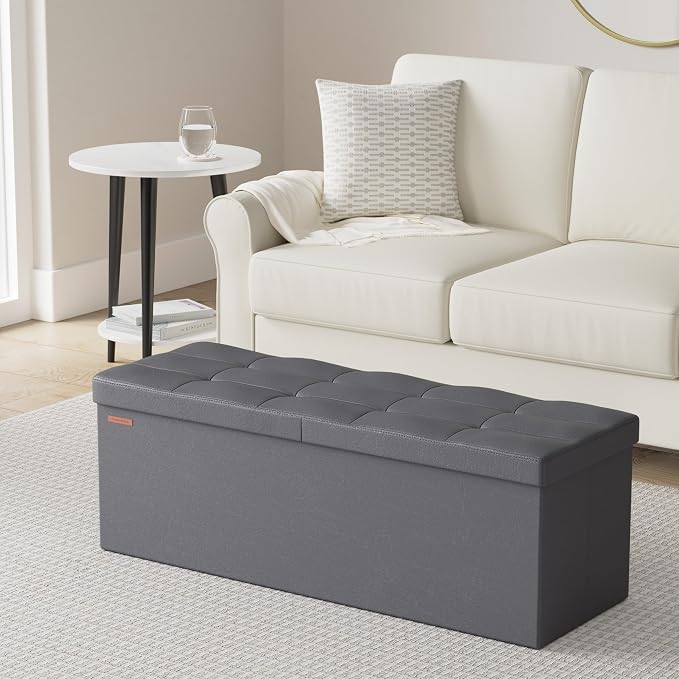 SONGMICS MAZIE Collection - 43 Inches Storage Ottoman Bench with Flipping Lid, Storage Chest with Iron Frame Support, Load 660 lb, for Living Room, Bedroom, Synthetic Leather, Dark Gray ULSF075G01 - Image 2