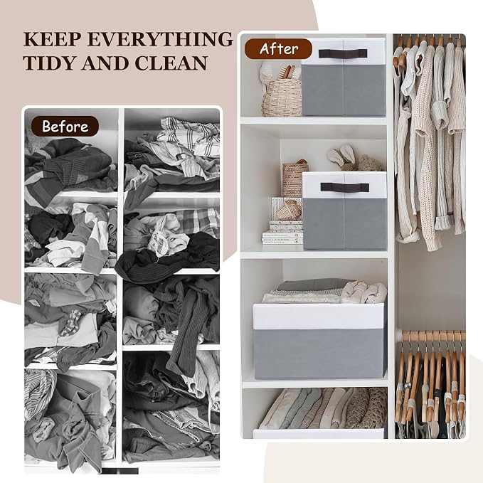 12 Pack Large Fabric Storage Baskets | Grey Collapsible Closet Organizers with Handles | 14"x10"x9.5" for Home, Nursery, Bathroom & More - Image 6