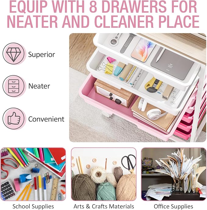 TOOLF Rolling Storage Cart with 8 Drawers,Rose Pink | Utility Cart on Wheels with Wooden Tabletop,Teacher Organization for Classroom, Art Cart for Office,Bedroom,Craft Room - Image 4