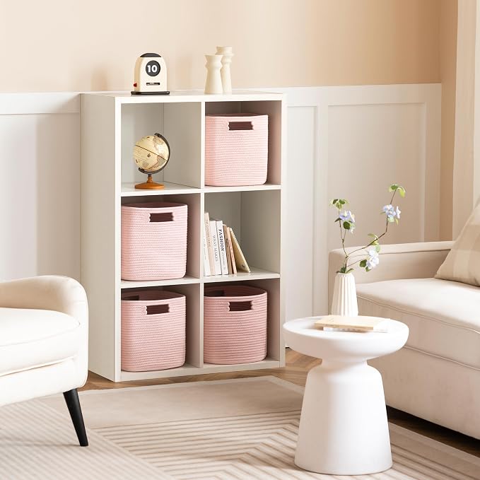 Dreamcountry 13x13 Cube Storage Bins, Storage Cubes with Handles, 4 Pack Cotton Rope Basket for Shelves, Cube Storage Organizer forToys, Book, Clothes, Home, Office, Nursery, Pink - Image 5