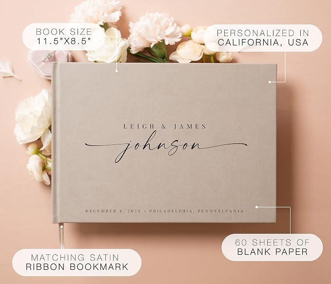Personalized Guest Book - 11.5" x 8.5" Custom Bride & Groom Names with Bookmark and Hard Cover 140 GSM Blank Pages, for Weddings Guest Book, Engagements, Birthdays, Special Events, Taupe - Image 2