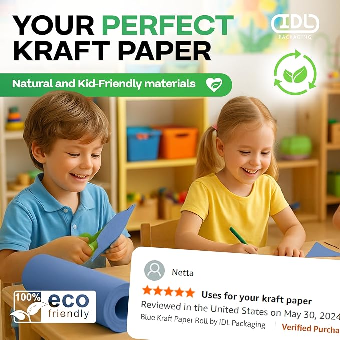36" x 1200" (100 ft) Blue Kraft Paper Roll, Pack of 2 - USA-Made Quality Craft Paper for Gift Wrapping, Kids' Arts & Crafts, School Projects - 100% Recycled, 50 lb Natural Material by IDL Packaging - Image 5