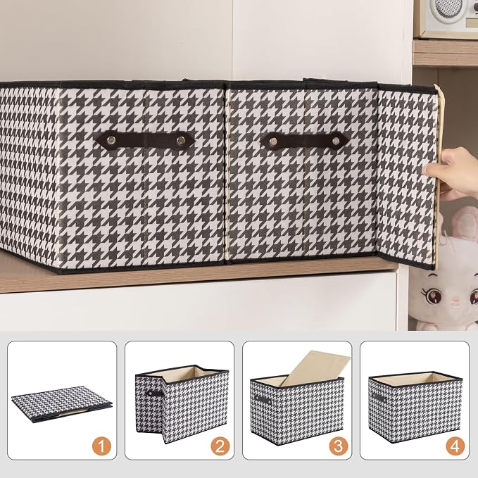 1 Pack Large Collapsible Storage Baskets for Shelves,14.9"x9.5" Fabric Closet storage Boxes with Leather Handles,Decorative Organizers Storage Bins for Clothes,Sheets,Toys,Books,(Houndstooth - Image 6