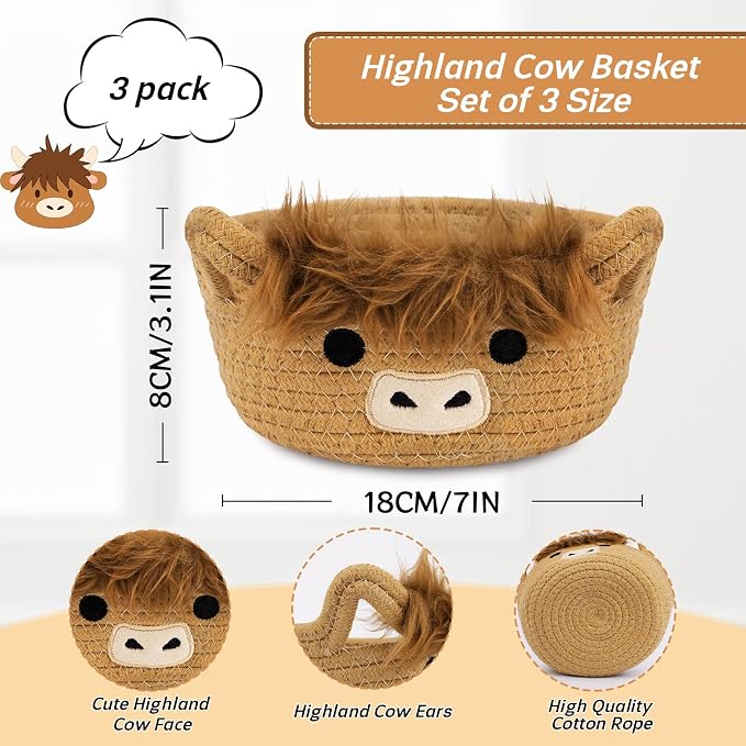 3 Pack Small Highland Cute Cow Storage Baskets for Organizing Gift Basket | Woven Decorative Nursery Shelves Rope Cotton Storage Bins for Gifts Empty, Mini Burr Baby Shower with Handles,7 IN - Image 2