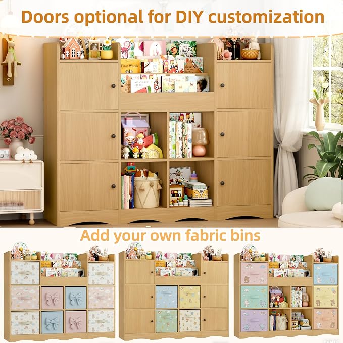 Toy Organizers and Storage with 10 Cubbies and 4 Tier Bookshelf | 55" Large Kids Bookshelf Toy Organizers and Storage with Raised-Edge Top Shelf, Playroom Storage and Toy Chest, Natural - Image 4