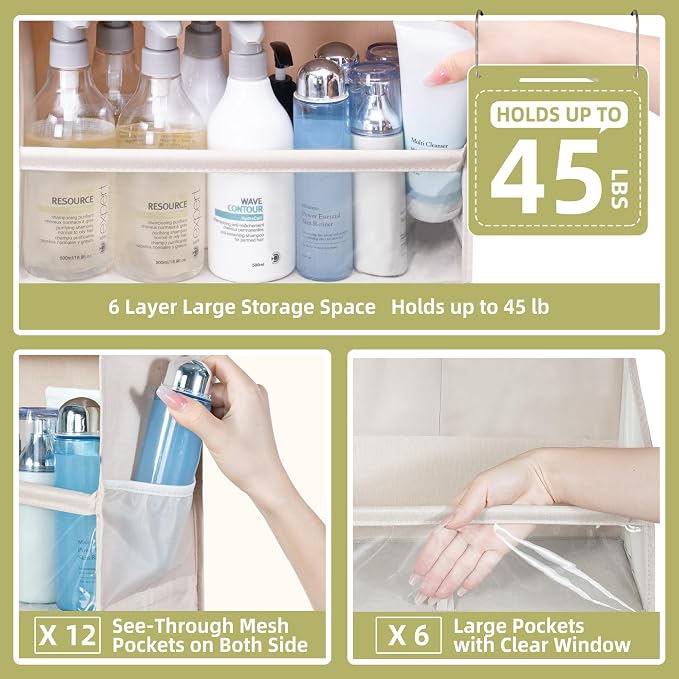 Over Door Organizer with 6 Extra Large Pockets and 12 Side Pockets, Large Capacity Hanging Storage Organizer with Clear Window for Shoes, Diapers, Beige, 6 Layers, 2-Pack - Image 5
