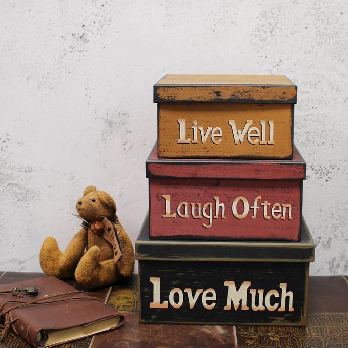 Primitive Vintage Square “Live Well, Laugh Often, Love Much” Cardboard Nesting Boxes, Large 9 X 9 X 4-1/2 Inch. Set of 3. - Image 3