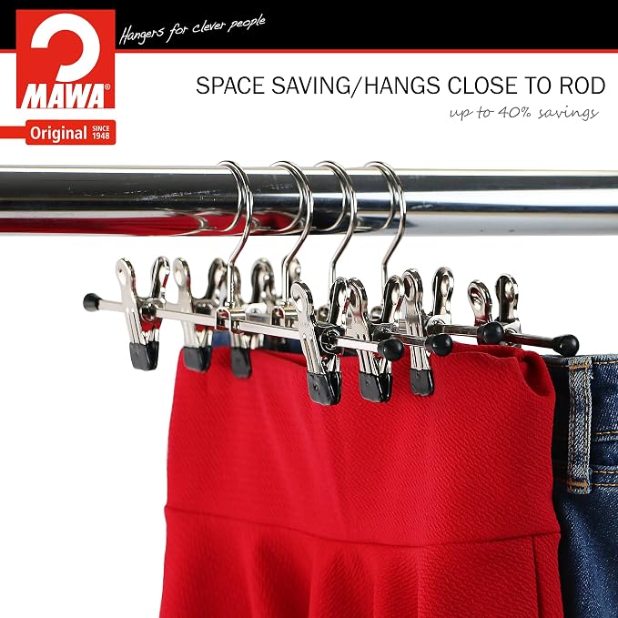 Mawa by Reston Lloyd Space-Saving Clothes Hanger for Pants and Skirts with Two Non-Slip Clips, Style K/30D, 12-Inch, Set of 12, Black - Image 2