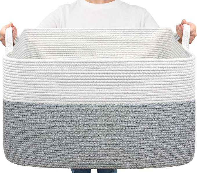 Goodpick 85L Large Woven Rope Blanket Basket, Rectangle, White Gray | 23.6'' x 15.7'' x 13.8'' Storage Basket for Blankets & Pillows, Living Room & Bedroom Organization, Reinforced Handles by Goodpick