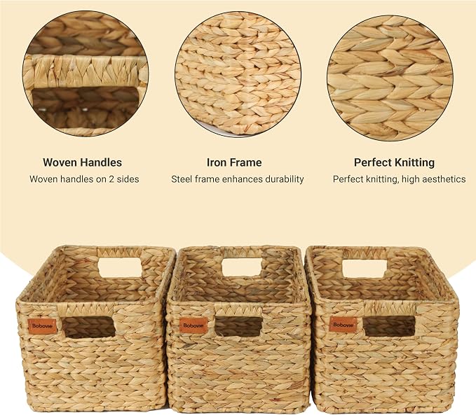 Large Wicker Storage Baskets, Set of 3, Water Hyacinth Basket Organizer, 14.2x10.2x8.7H Inches -Great Storage Solution for Shelf and Pantry Storage - Image 3
