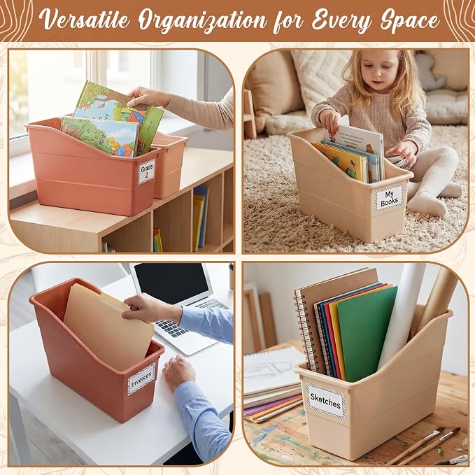 Blosssound 6 Set Book Bins for Classroom Stackable,Earth Tones | Plastic Baskets with Labels, Slanted Front, Library Supplies Organizers, Desktop Storage Bins, Teachers Home School Use - Image 6