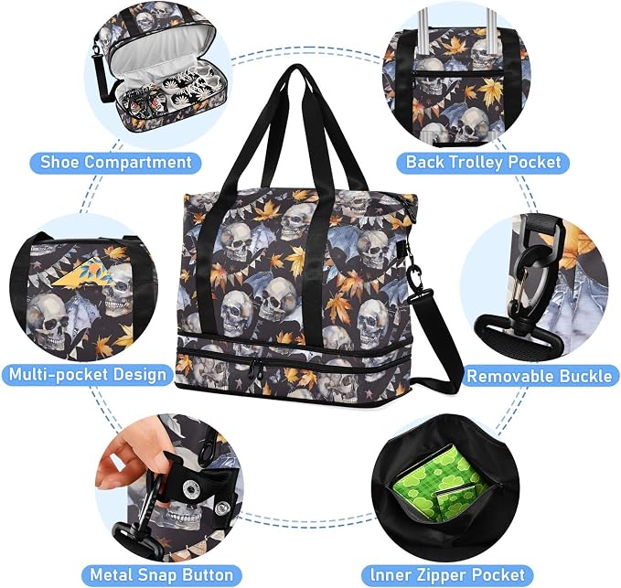 Travel Duffel Tote Bag Skull and Bat Leaf Sports Duffel Bag with Wet Pocket Weekender Overnight Bag for Women Men Gym Bag, Carry On Bag Hospital Bag for Labor and Delivery - Image 2