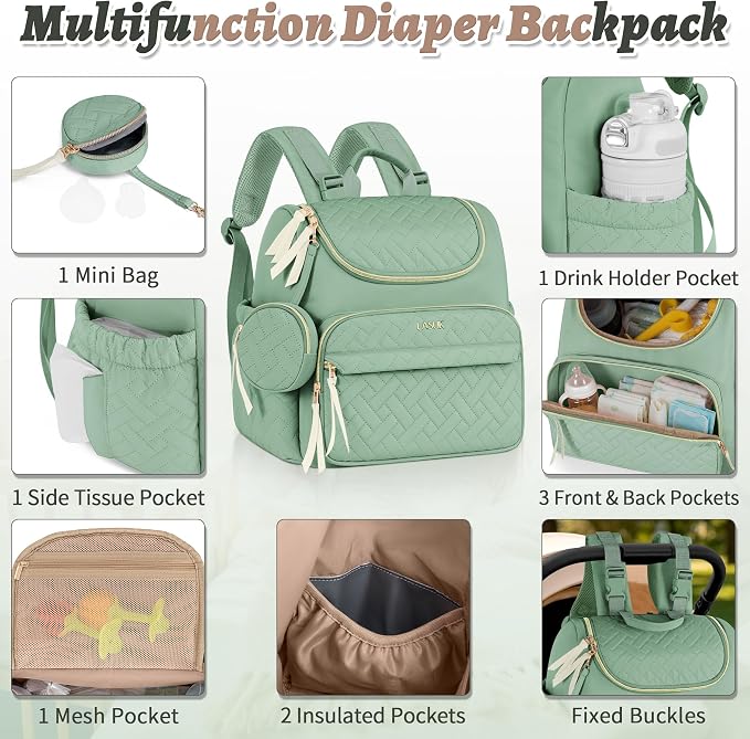 Small Diaper Bag, 22L Stylish Baby Mini Maternity Travel Backpack | with Changing Pad, Pacifier Bag, Stroller Straps Parents Essentials for Outdoor Trip Hospital & Daily Work, Green - Image 2