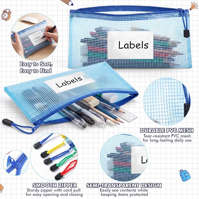 Handepo 200 Pack A6 Mesh Zipper File Bags with Label Cards, 9.45x4.53 in Waterproof Plastic Pouches, 5 Color Small Pencil Case for Office School Home Organization and Bill Stationary - Image 3