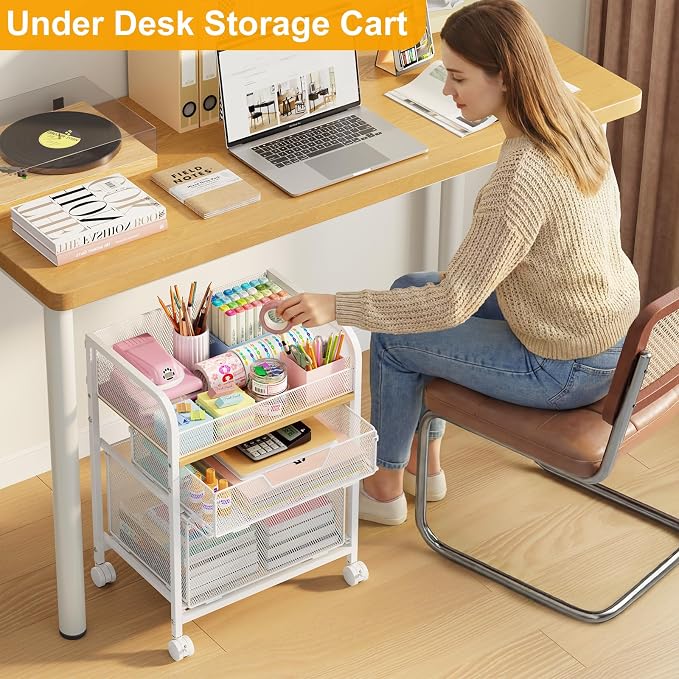 Yociyoga 3 Tier Rolling Cart with Drawers,Pantry Storage Cart with Wheels,Under Desk Storage Cart for Small Space,Pantry Floor Organizers and Storage,Metal Load-Bearing Utility Craft Cart,White - Image 4