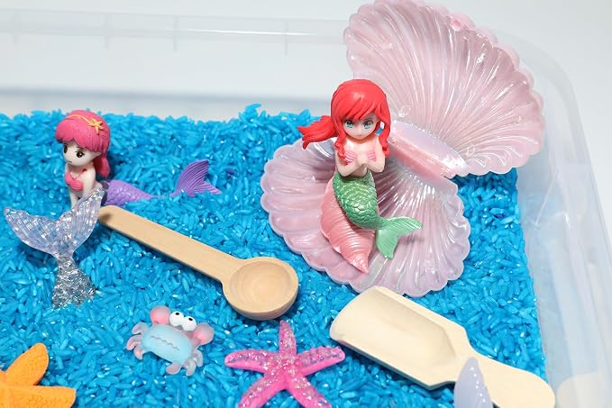 Mermaid Sensory Bin Kit for Kids | Blue Rice, Pinto Beans, Mermaids, Gems, Shells & Treasure Chest – Ocean-Themed Sensory Play with Storage Bin - Image 6