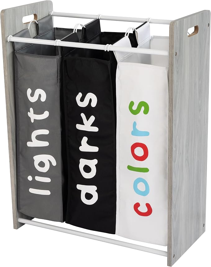 Humble Crew Slate Kids Laundry Organizer with 3 Removable Hampers – White with Grey Woodgrain Frame, Sorting Hamper for Toddlers & Preschoolers by HumbleCrew