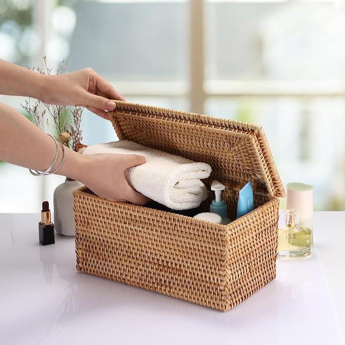 Hipiwe Rattan Basket Storage Box with Lid Handwoven Lidded Wicker Baskets | Decorative Baskets Bin Rectangular Household Baskets for Shelf Organizing Home Decor, 11.8"Lx6.2"Wx6.1"H - Image 4