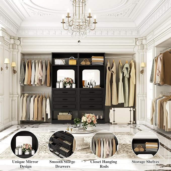 Unikito 6-14FT Wood Closet System with 6 Drawers and Mirror, Black | Sturdy walk-in organizer wardrobe for clothing, clothes rack with 3 hanging rods, freestanding garment storage tower. - Image 3