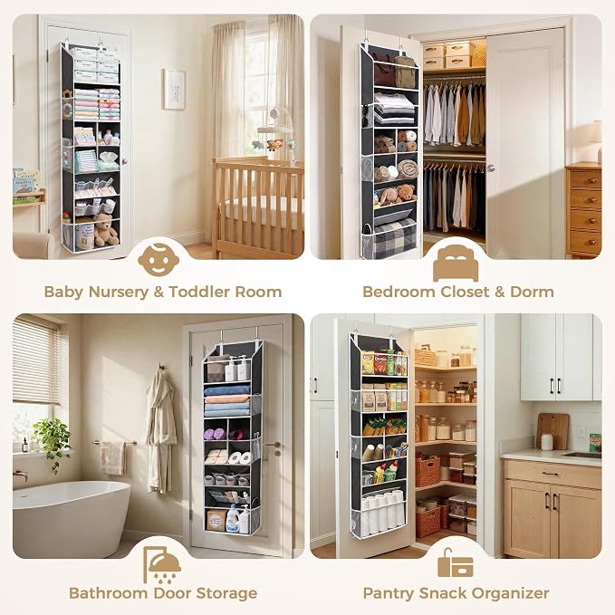 6-in-1 Over Door Hanging Organizer with 12 Mesh Pockets, 44 lbs Capacity, Deep Gray – Versatile Behind Door Storage for Baby Nursery, Newborn - Image 7