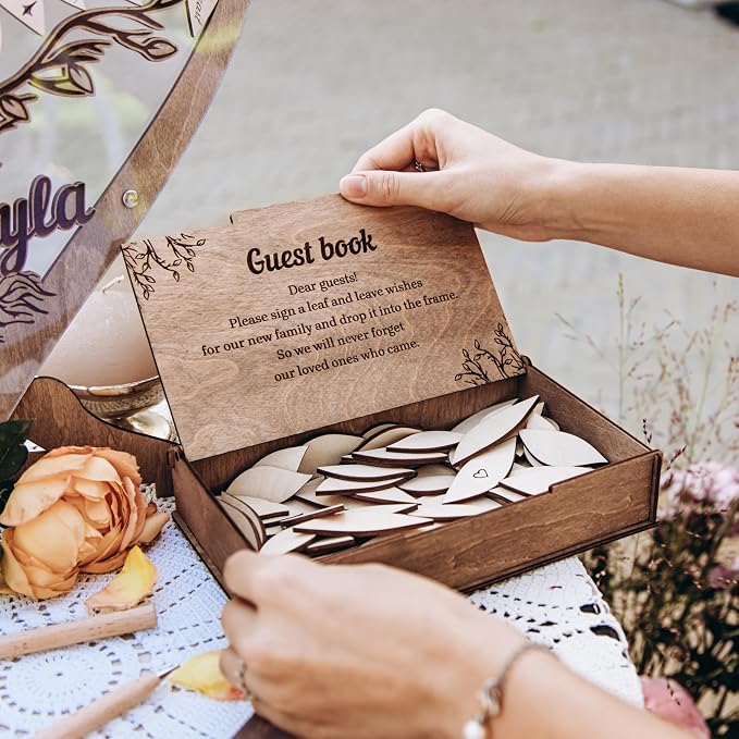 Tree Leaves Guest Book - Rustic Wooden Wedding Guest Book Alternative – Personalized Heart Drop Box with Tree Design for Reception, Baby Shower & Engagement Party Decor - Tree Guest Book for Wedding - Image 8