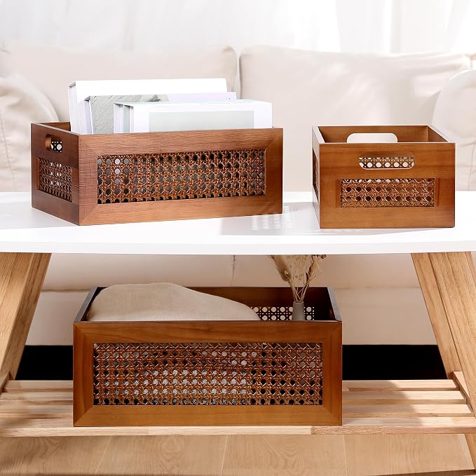 Rattan Wooden Box Set of 4 Handmade Decorative Storage Basket with Handles | Natural Bamboo Woven Storage Basket Rustic Farmhouse Decor Home Office Tabletop Shelf Drawer Closet Desk Organizer, Brown - Image 2