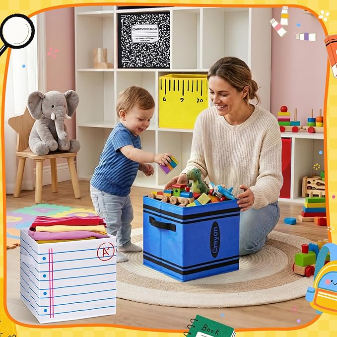 6 Pcs 11in Fabric Storage Bins, Collapsible Cubby Baskets with Handles | Collapsible & flat‑fold, Side handles for easy tote, Colorful school prints, Classrooms, homes, daycares all work - Image 3