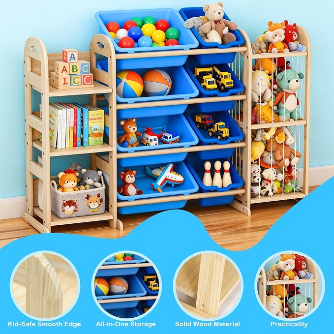 Toy Storage Organizer, Toy Organizers and Storage with Stuffed Animal Storage, Kids Toy Storage Shelf with 3 Shelves 8 Storage Bins, Kids Bookshelf, Toy Holder for Playrooms, Bedrooms, Blue - Image 6