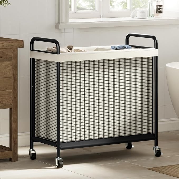 WOWLIVE Rolling Laundry Hamper 3 Section, 120L Laundry Basket with Wheels | Laundry Sorter with Metal Handle and Removable Bag, Clothes Hamper for Laundry Room, Bathroom and Dorm, Beige - Image 7