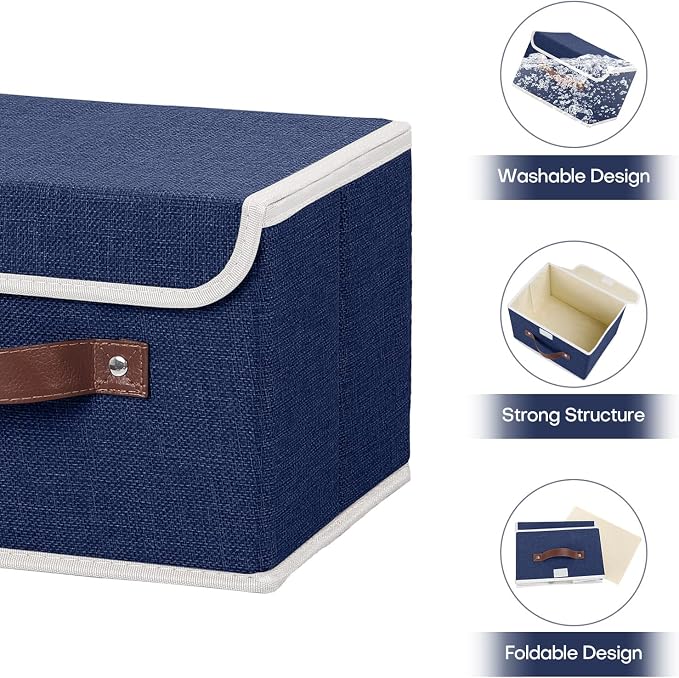 ANMINY Fabric Storage Box Bins with Lids, Blue, 13"x9"x7.9", 2 Pack | Keepsake Memory Storage, Cotton Linen, PP Board Reinforced, Washable, PU Handles, Foldable & Stackable, Decorative, Medium - Image 3