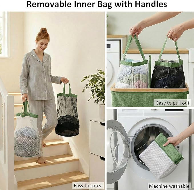 efluky Laundry Hamper with Lid, Double Laundry Basket with 2 Removable Bags, 2 Section Laundry Bin with Bamboo Handles for Bathroom, Bedroom & Laundry Room, 140L (36.9 Gallon) Sage Green - Image 4