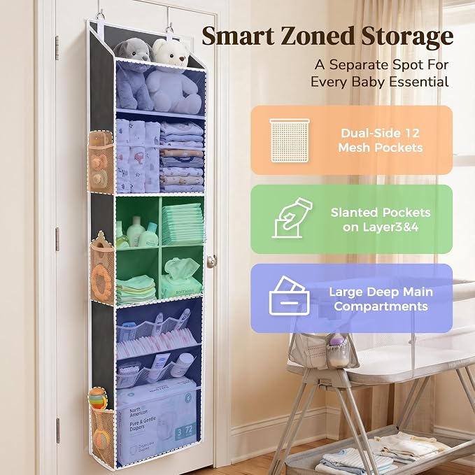 6-in-1 Over Door Hanging Organizer with 12 Mesh Pockets, 44 lbs Capacity, Deep Gray – Versatile Behind Door Storage for Baby Nursery, Newborn - Image 2